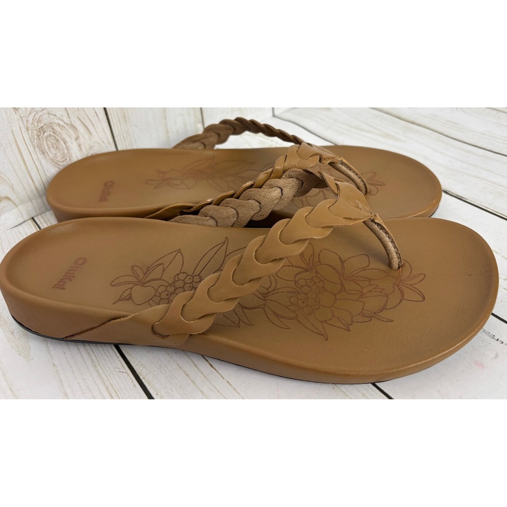 OluKai Hoopion Hau Women Sandals Tapa Sahara Braided Straps Floral Flip Flops 9